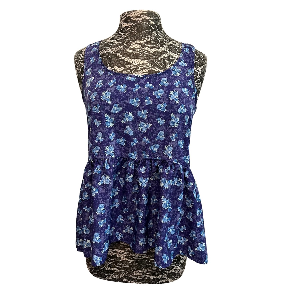 American Eagle Ruffle Tank‎ Blue White Floral Scoop Neck Peplum Ruffles Beachy M